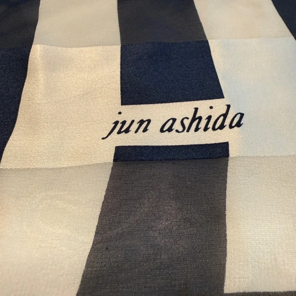 Jun Ashida Silk Scarf Navy Blue White Striped Square Large Hand Rolled Japan